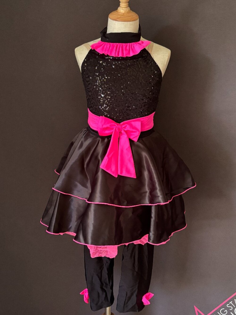 Revolution Dancewear Black Hot Pink Sequin Leotard Pants 2 Skirts Costume MC